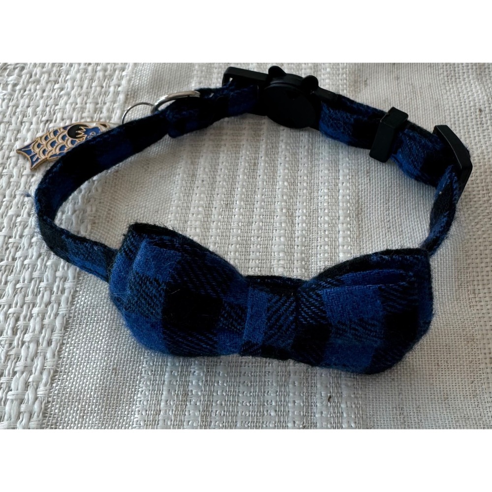 Blue Plaid Bow Tie Pet Collar Adjustable Safety Buckle Cute Cat Kitten Collar
